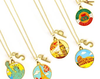 Custom Travel Charm Necklace with City Landmark Pendant and Initial – Wanderlust Jewelry Gift for Travelers and Adventure Lovers-NCA-011