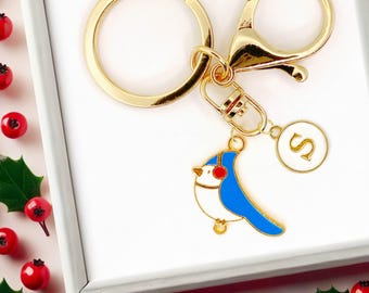 Tree Swallow Keychain with Red Earmuffs – Cute Blue Enamel Bird Charm for Winter Nature Lovers and Birdwatching Fans-K-A040-6