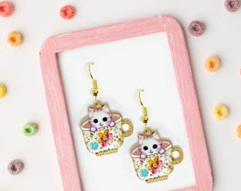 White Cat in Floral Teacup Dangle Earrings 18k Gold Plated Hook, Kawaii Jewelry Gift for Cat Lovers, Cute and Fun Accessory-ERA-A006-8