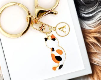 Calico Cat Enamel Keychain with Custom Monogram Letter Charm, Cat lady Gift Ideas - K-A131-1