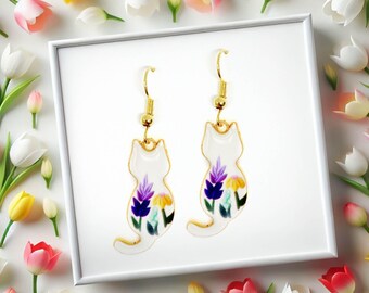 White Cat with Spring Flowers Dangle Earrings 18k Gold Plated Hook, Cute Jewelry Gift for Cat Lovers and Floral Accessory Fans - ERA-A131-4