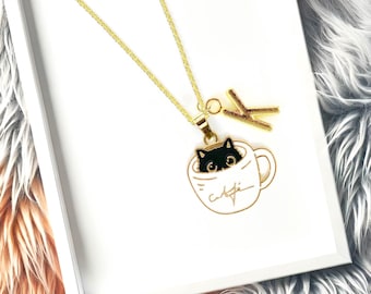 Black Cat in a cup Necklace, Kawaii Cat Necklace, Neko Necklace, Cat Lady Gifts,Black Cat coffee Lover Gift, Cute Cat Jewelry-NCA-003