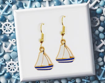 Sailboat Nautical Jewelry for Beach Lovers, Ocean-Inspired Accessories, Summer Vacation Gift, Coastal Style Dangle Earrings-ERA-A078-2