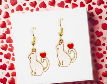 White Cat with Heart Earrings 18k gold-plated hooks - Kawaii Enamel Dangle Jewelry for Cat Lovers and Pet Owners-ERA-A093-2