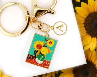 Cute Enamel Keychain: Van Gogh Sunflower Painting, Custom Monogram, Personalized Initials - K-A052-1