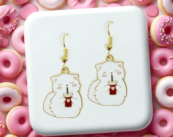 White Cat Coffee Lover Earrings – Kawaii Cat Jewelry for Coffee and Boba Tea Lovers - ERA-A115-1