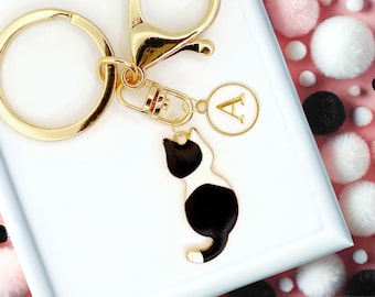 Cute Enamel Keychain Black White Spotty Cat with Custom Monogram Initials-K-A131-6