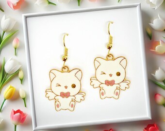 Angel White Cat Earrings - Kawaii Cat Lover Jewelry & Sentimental Cat Memorial Gift - A108-1