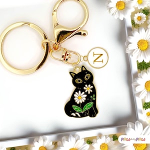 Black Cat Daisy Keychain Cute Floral Charm Personalized Initial Clip Cat Mom Gift Kawaii Cat Lover Accessory for Bags and Keys-K-A073-2