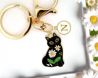 Black Cat Daisy Keychain Cute Floral Charm Personalized Initial Clip Cat Mom Gift Kawaii Cat Lover Accessory for Bags and Keys-K-A073-2