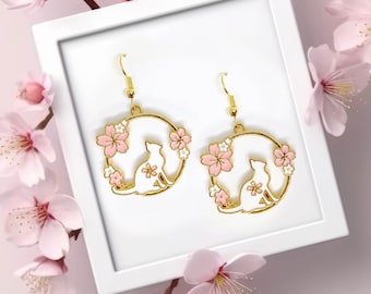 Sakura Cherry Blossom Cat earrings, cat dangle earrings, cute girl earring, pink flower earrings, cat lovers gift-ERA-A013-1