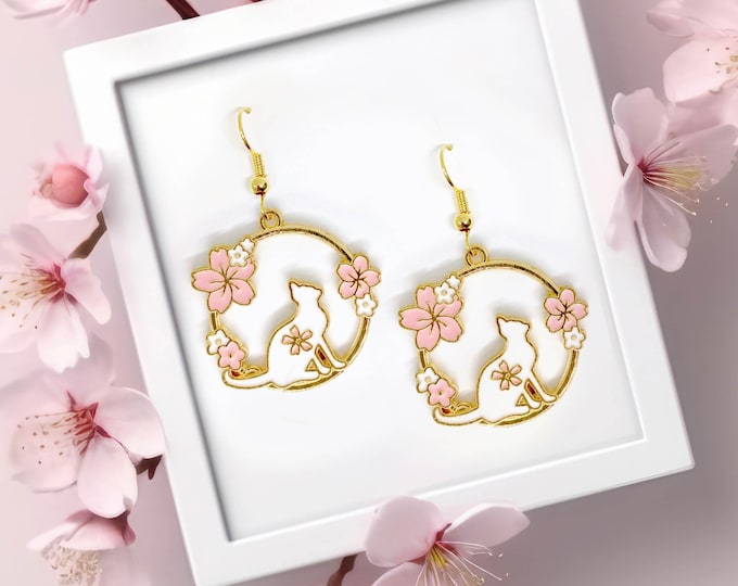 Featured listing image: Sakura Cherry Blossom Cat earrings, cat dangle earrings, cute girl earring, pink flower earrings, cat lovers gift-ERA-A013-1