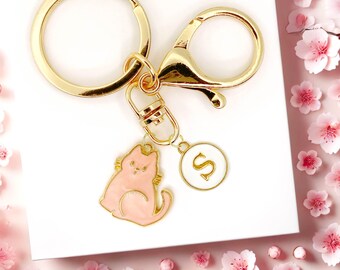 Pink Cat Keychain, Pastel Enamel Charm, Gold Detailing, Kawaii Feline Bag Accessory, Cute Kitty Keyring for Cat Lovers-K-A053-3