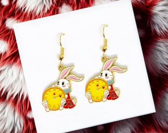 White Bunny Dangle Earrings with Clock Charm, Alice in Wonderland Inspired Jewelry, Cute Don’t Be Late Rabbit Earrings - ERA-A102-1