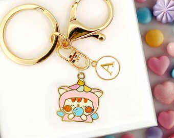 Cute Enamel Keychain Cat: Pink Unicorn Costume, Custom Monogram Option-K-A106-4