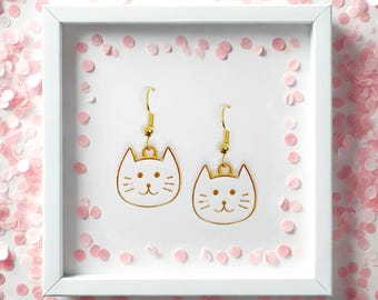 Simple White Cat Face Dangle Earrings with Enamel Pendant and 18k Gold Plated Hook, Minimalist Jewelry Gift for Cat Lovers-ERA-A056-1