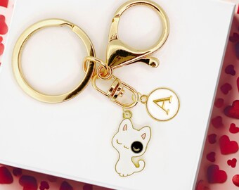 White Cat Keychain with Crescent Moon Eye and Custom Initial Charm for Magical Cat Lovers and Cute Aesthetic Gifts-K-A109-2