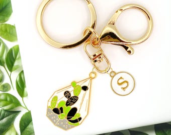 Botanical Cactus Terrarium Keychain – Geometric Enamel Charm with Succulents and Cacti for Plant Lovers and Nature Inspired Gifts-K-A038-1