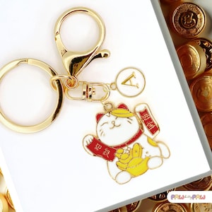 Lucky Cat Keychain Maneki Neko Charm Personalized Initial Clip Cute Japanese Gold Coin Charm Bag Accessory Gift for Cat Lovers-K-A076-2