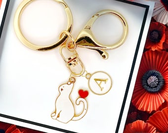 White Cat with Heart Tail Keychain and Gold Initial Charm - Cat Bag Charm for Romantic Animal Lover Gift for Her or Valentine-K-A093-2