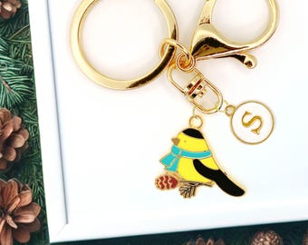 Yellow Siskin Bird Keychain with Blue Scarf – Cute Winter Enamel Charm for Bird Lovers and Seasonal Accessories-K-A040-4
