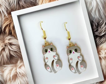 Gray and White Cat Dangle Earrings 18k Gold Plated Hook, Kawaii Jewelry Gift for Cat Lovers, Cute Animal Accessory-ERA-A002-5