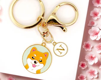 Shiba Inu Dog Keychain Cute Puppy Face Gold Keyring Mint Green Background Gift for Dog Lovers Kawaii Dog Charm-K-A055-1