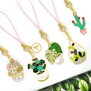 Abalorio para teléfono con letra personalizada para amantes de las plantas: un bonito llavero de cactus monstera pilea, un regalo para amantes de las plantas.