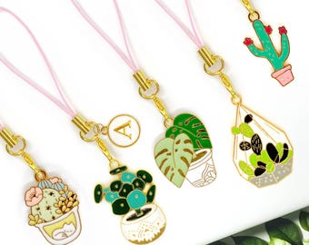 Plant Lover Phone Charm with Personalized Letter – Cute Monstera Cactus Pilea Keychain Gift for Crazy Plant Lady Vibes