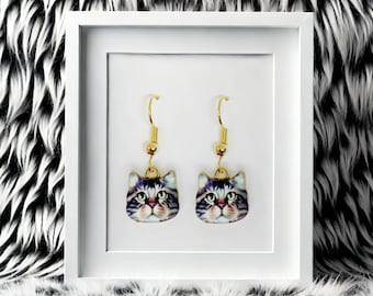 Gray Tabby Cat Face Dangle Earrings with Enamel Charm and 18k Gold Plated Hook, Cute Jewelry Gift for Cat Lovers -ERA-A097-3