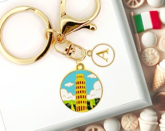 Cute Enamel Keychain: Pisa Tower Medallion with Custom Monogram Initials-K-A129-5