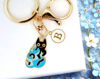 Black Cat with Blue Monstera Leaf Keychain - Cute Enamel Kitty Charm with Tropical Plant Design - Kawaii Cat Lover Gift Keyring-K-A022-9