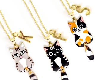 Cute Hanging Cat Enamel Necklace - Kawaii Neko Jewelry Gift - Calico Cat Lover Present - Adorable Cat Lady Pendant-NCA-003