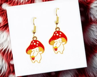 Mushroom Earrings Cute Autumn Jewelry Gift for Her, Kawaii Red Mushroom Dangle, Fall Forager Accessory