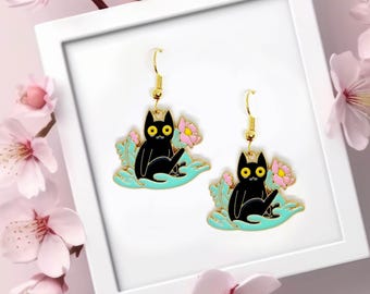 Black Cat with Pink Flower Dangle Earrings 18k Gold Plated Hook, Kawaii Jewelry Gift for Cat Lovers and Nature Enthusiasts-ERA-A022-8