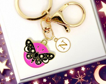 Pink Moon Butterfly Keychain Celestial Charm Personalized Initial Starry Sky Accessory Dreamy Magic Gift for Cosmic Style Lovers-K-A066-2