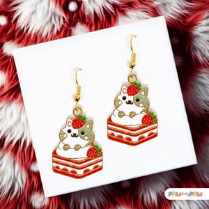 Gray Tabby Cat Strawberry Cake Dangle Earrings with Enamel Charm and 18k Gold Plated Hook, Cute Kawaii Birthday Jewelry Gift - ERA-A085-3