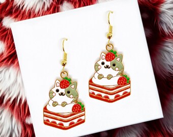 Gray Tabby Cat Strawberry Cake Dangle Earrings with Enamel Charm and 18k Gold Plated Hook, Cute Kawaii Birthday Jewelry Gift - ERA-A085-3