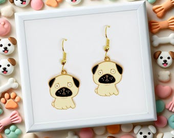 Pug Dog Dangle Earrings 18k Gold Plated Hook, Cute Jewelry Gift for Dog Lovers, Playful and Fun Accessory-ERA-A058-1
