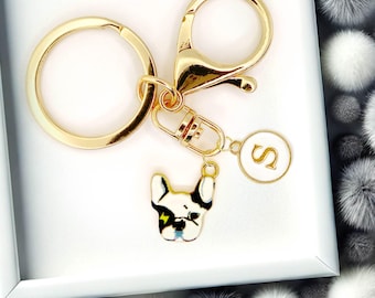 White Bulldog Face Keychain with Lightning Bolt Detail – Frenchie Dog Lover Gift and Cute Pet Enamel Bag Charm-K-A027-2