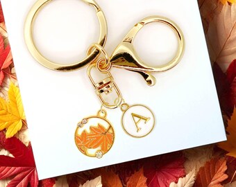 Autumn Leaf Charm Keychain for Nature Lovers, Personalized Gold Initial, Elegant Fall Purse or Bag Accessory Gift Idea - K-A133-1