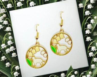 White Cat with Lily of the Valley Dangle Earrings 18k Gold Plated Hook, Spring Flower Jewelry Gift for Cat Lovers-ERA-A026-3