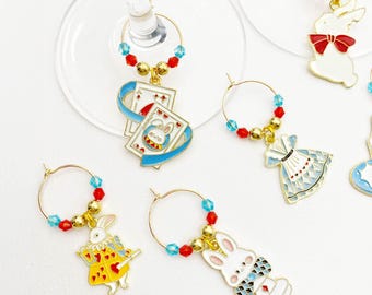 Alice in Wonderland Wine Glass Charms – Enamel Tea Party Drink Tags with Rabbit, Dress & Card Motifs for Fantasy Lovers