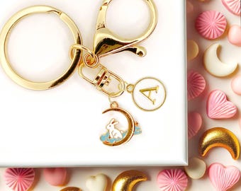 Cute Enamel Keychain Bunny Moon Rabbit Custom Initial Monogram -K-A014-3