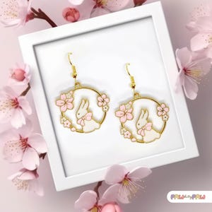 Cute Bunny Cherry Blossom Earrings, White Rabbit & Pink Spring Flowers, Perfect Owner Gift, Lovely Jewelry, Sakura Earrings-ERA-A013-2