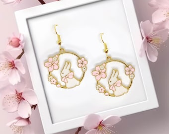 Cute Bunny Cherry Blossom Earrings, White Rabbit & Pink Spring Flowers, Perfect Owner Gift, Lovely Jewelry, Sakura Earrings-ERA-A013-2