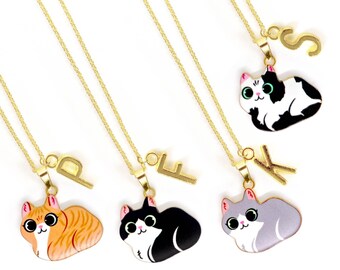 Custom Cat Necklace with Personalized Initial Letter – Cute Kawaii Cat Charm Jewelry Gift for Cat Lovers with Chain Options-NCA-002