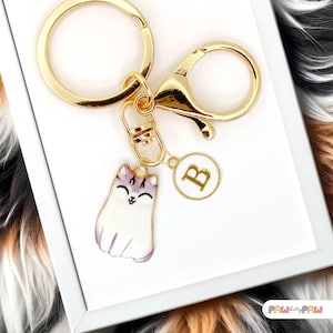 Lindo llavero de gato blanco esmaltado con monograma personalizado, divertido llavero kawaii chapado en oro, un regalo ideal para amantes de los gatos - K-A004-3