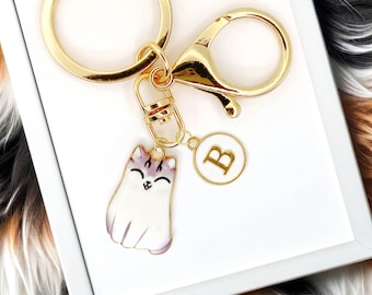 Cute White Cat Enamel Keychain with Personalized Monogram Letter Charm, Fun Kawaii Gold-Plated Keyring, Cute Gift for Cat Lovers-K-A004-3