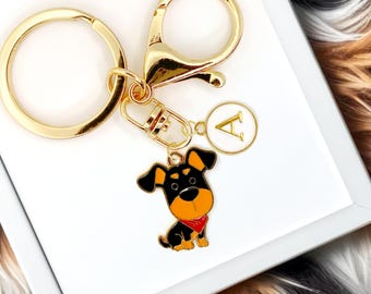 Cute Enamel Keychain Black Dachshund Dog with Custom Initial Monogram-K-A058-5